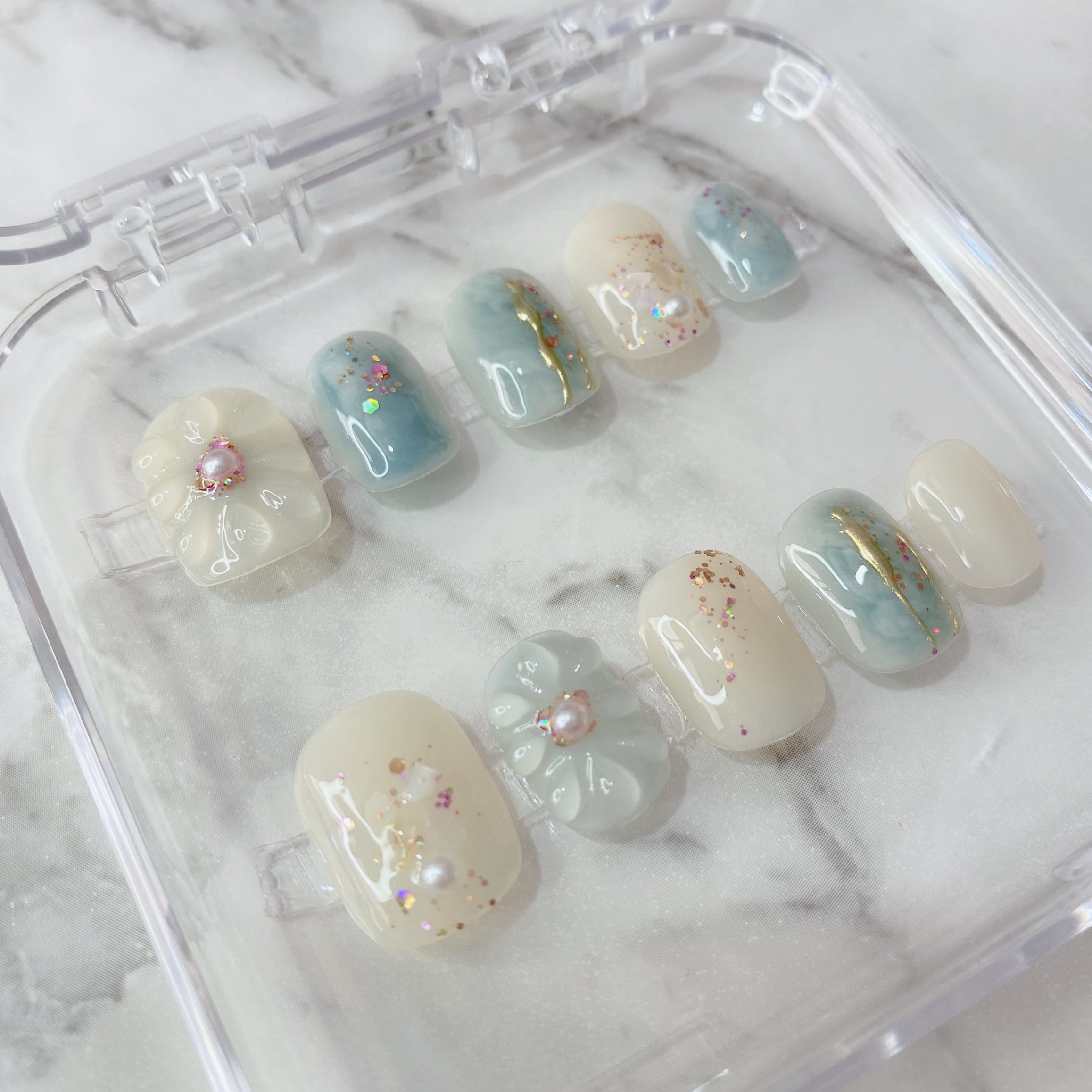 Azure Blossom Handmade Press on nails – Dainty Dazzle Australia